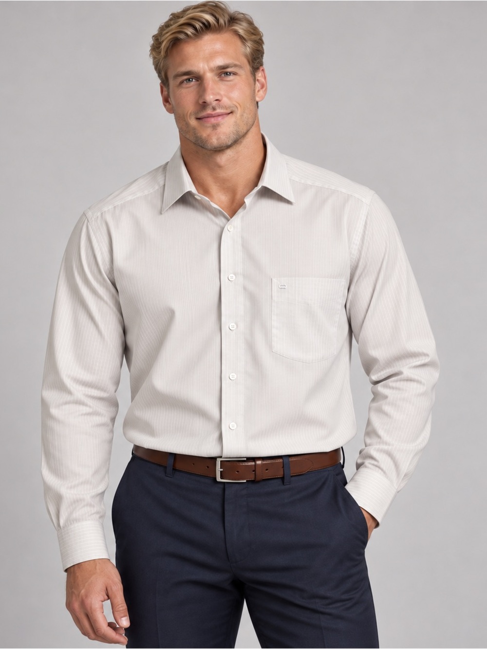 OLYMP LUXOR Mens White & Grey Dress Shirt Slim Line 17-43 Button